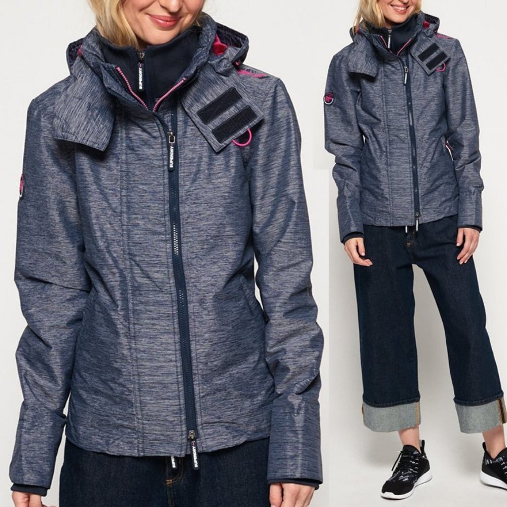 Superdry Premium Edition Tech Hooded Pop Zip Windbreaker Jacket Denim Blue US6